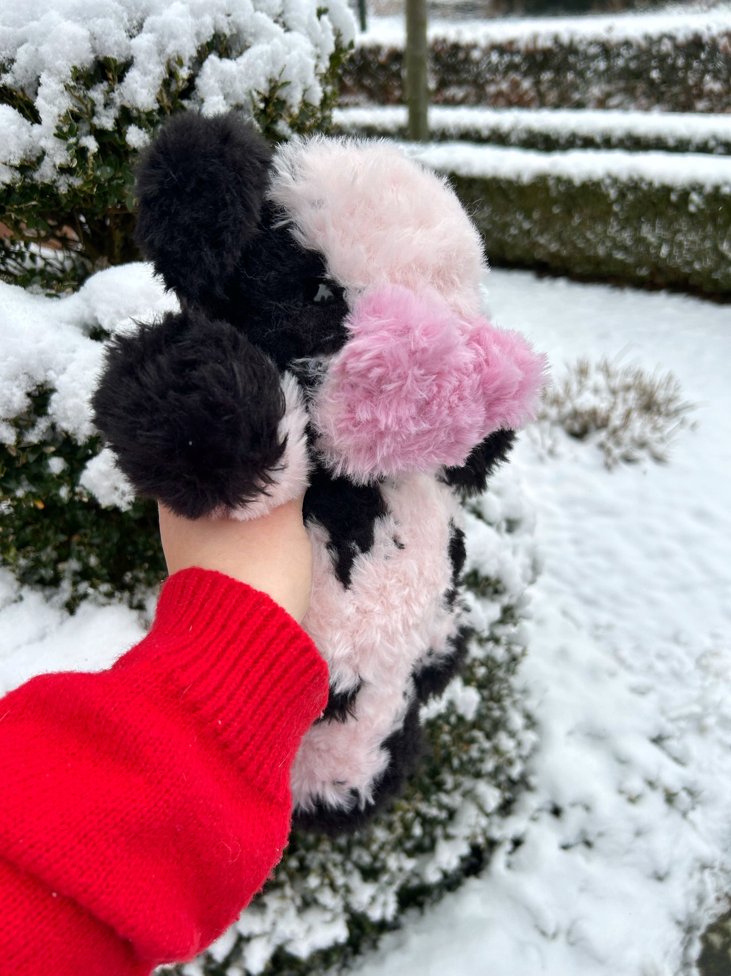 CROCHET FLUFFY BLACK & PINK COW PLUSHIE