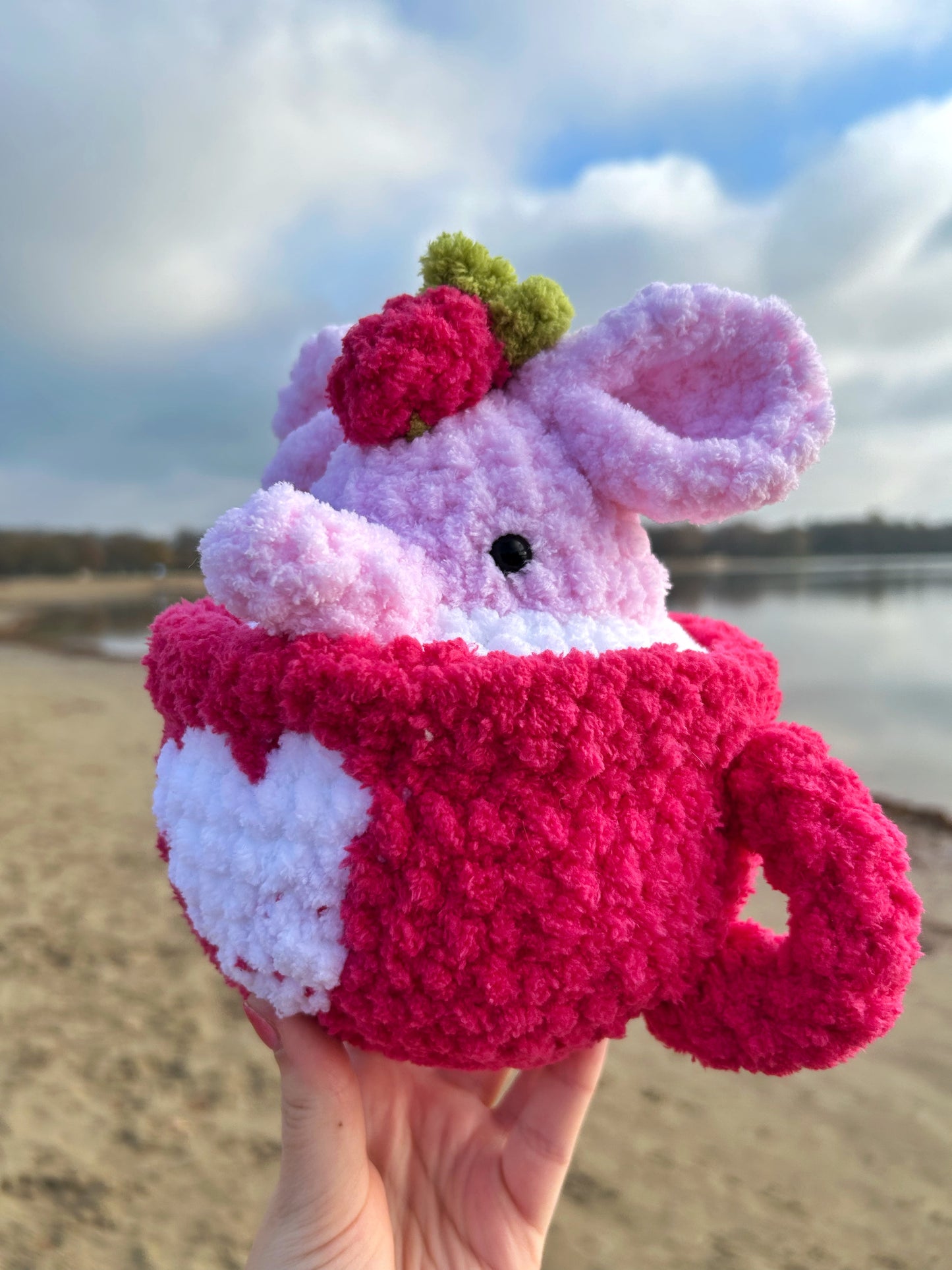 CROCHET STRAWBERRY ELEPHANT MUG PLUSHIE