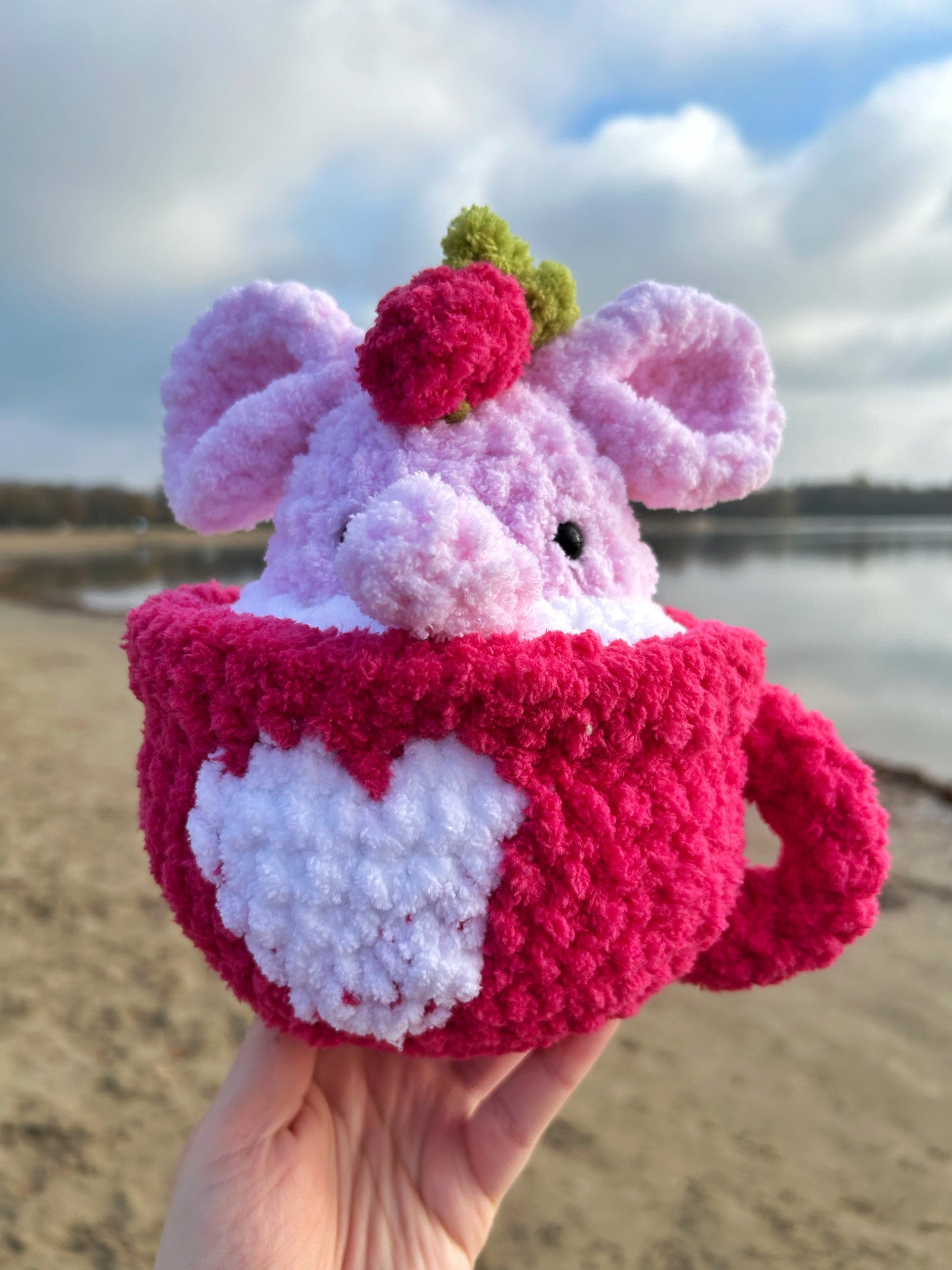 CROCHET STRAWBERRY ELEPHANT MUG PLUSHIE