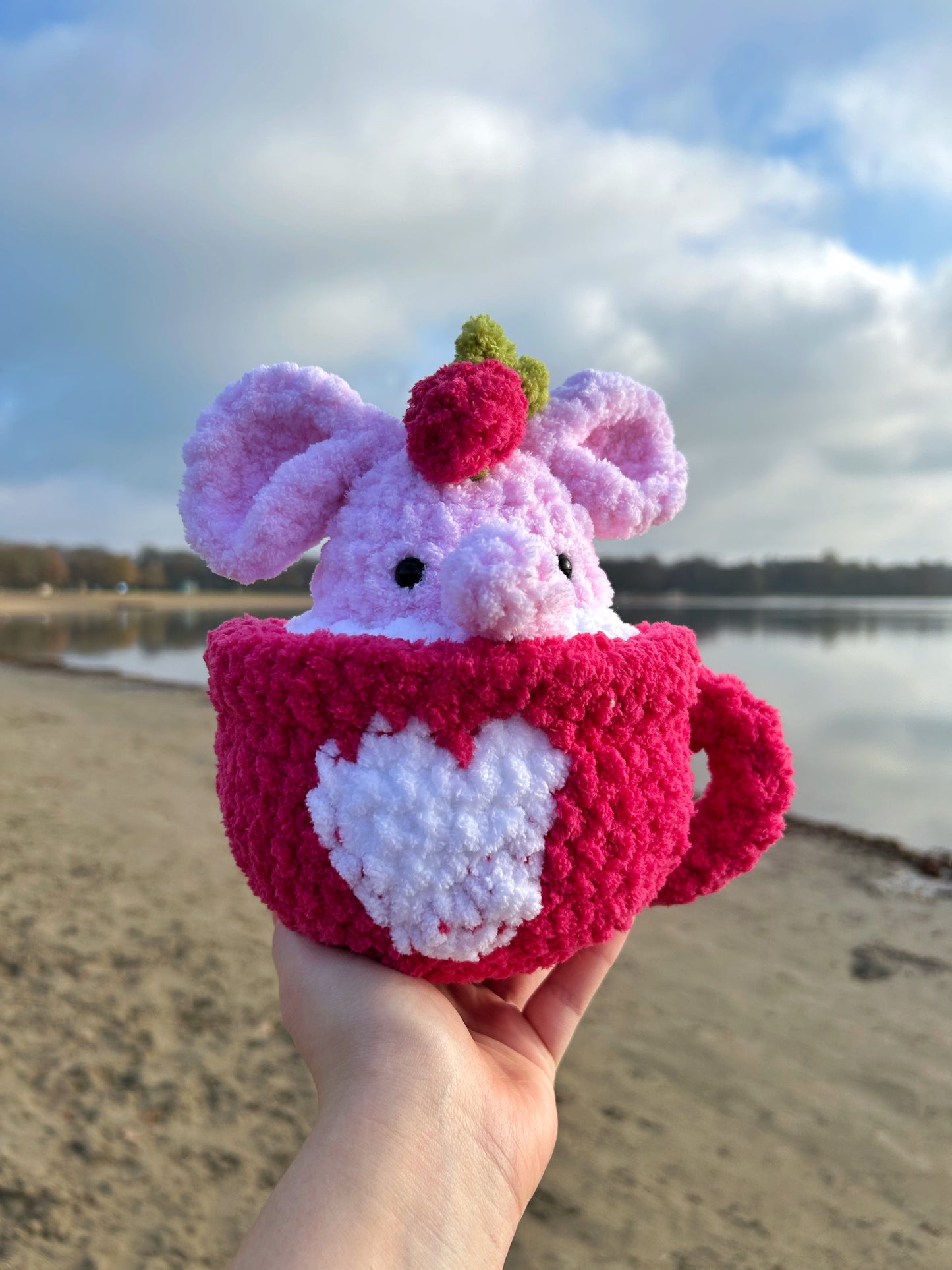 CROCHET STRAWBERRY ELEPHANT MUG PLUSHIE