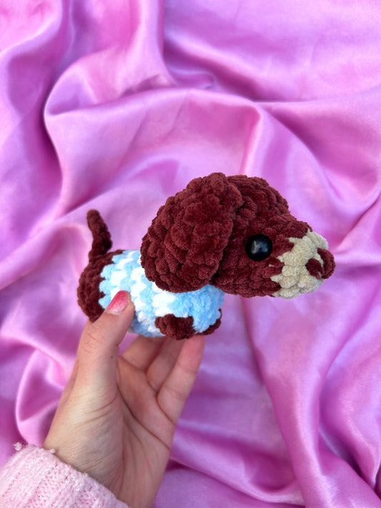 CROCHET DACHSHUND WITH BLUE SWEATER PLUSHIE