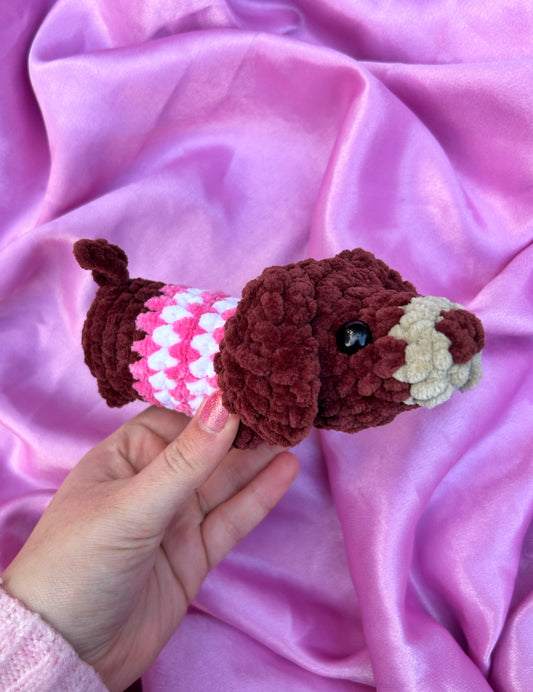 CROCHET DACHSHUND PINK AND WHITE PLUSHIE