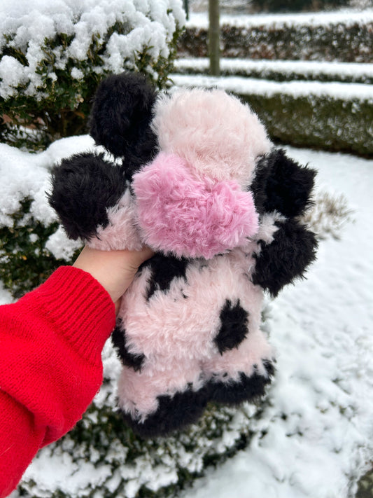 CROCHET FLUFFY BLACK & PINK COW PLUSHIE